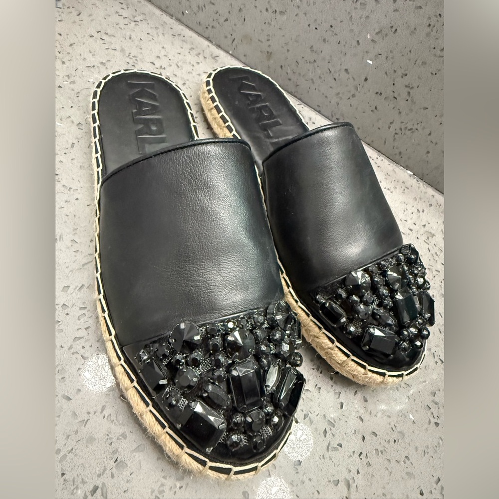 Karl Lagerfeld Black Espadrille Mules with Beaded Details